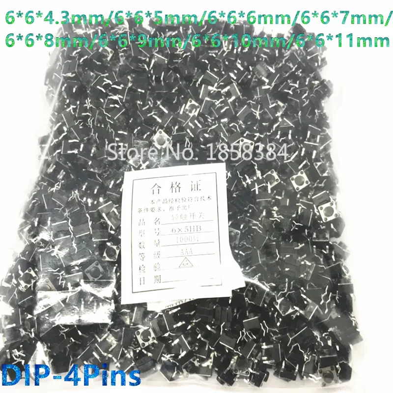 

1000 шт. DIP-4Pin 6*6 микротактовые кнопочные переключатели 6x6x4,3 мм/6x6x5 мм/6x6x6 мм/6x6x7 мм/6x6x8 мм/6x6x9 мм/6x6x10 мм/6x6x11 мм