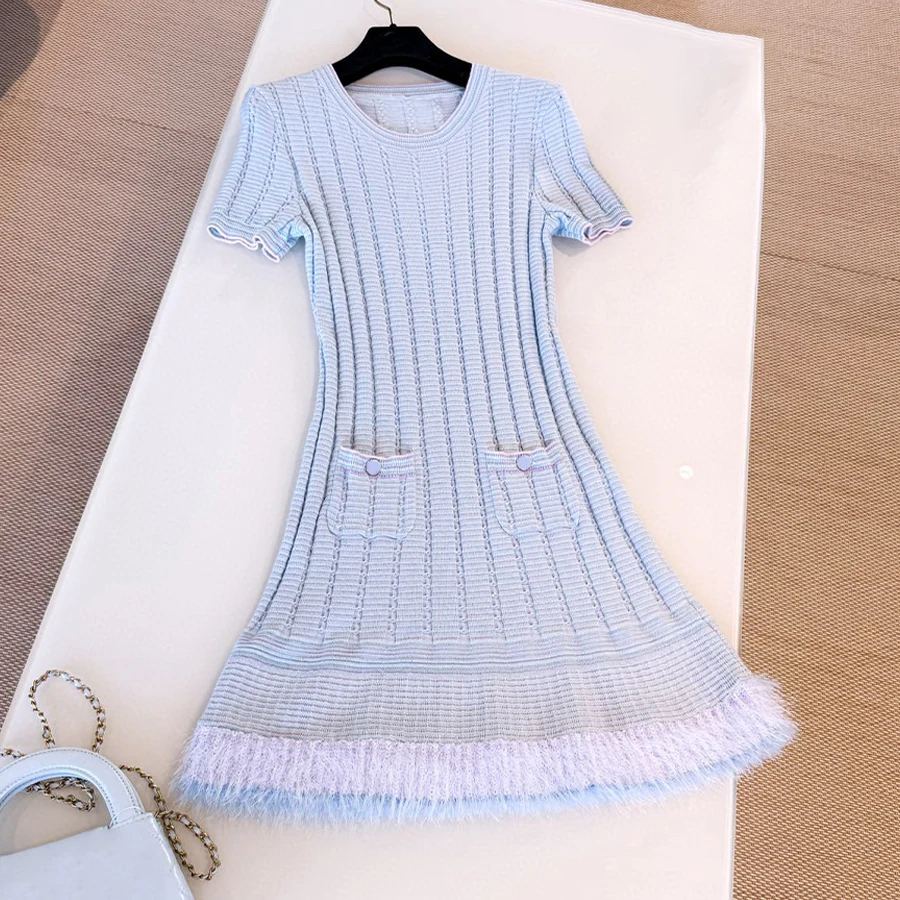 

NIGO Women's High-Street Fringe Hem Multi-Color Spring/Summer Stretch Crew Neck Knit Dresses Ngvp #nigo2337