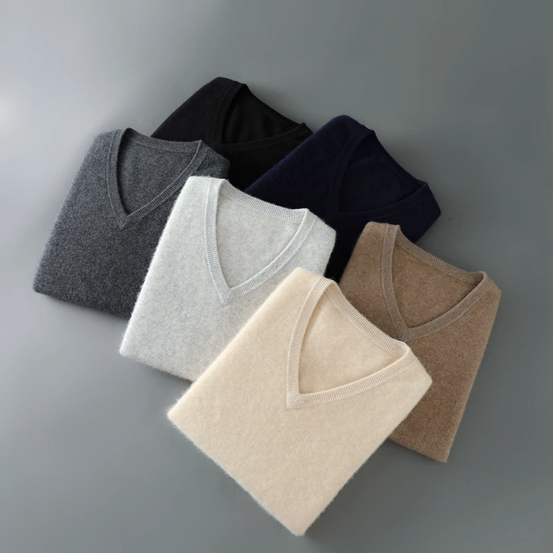 

Классический пуловер с v-образным вырезом, мужской осенне-зимний новый стиль, свитер из 100% чистой шерсти, теплый и свободный повседневный деловой вязаный пуловер