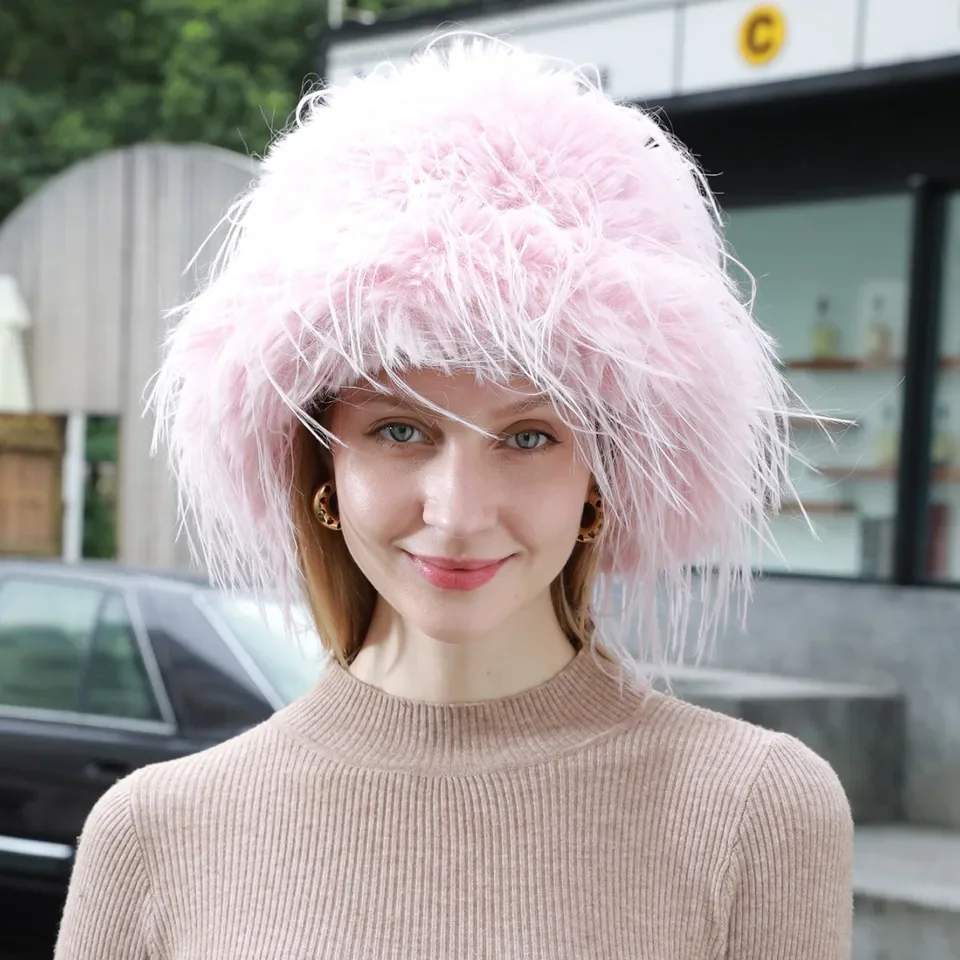 겨울용 털 버킷햇 여성용 퍼 피셔맨 비니 따뜻한 플리스 안감 단색 한국 패션 얼굴 슬림 효과