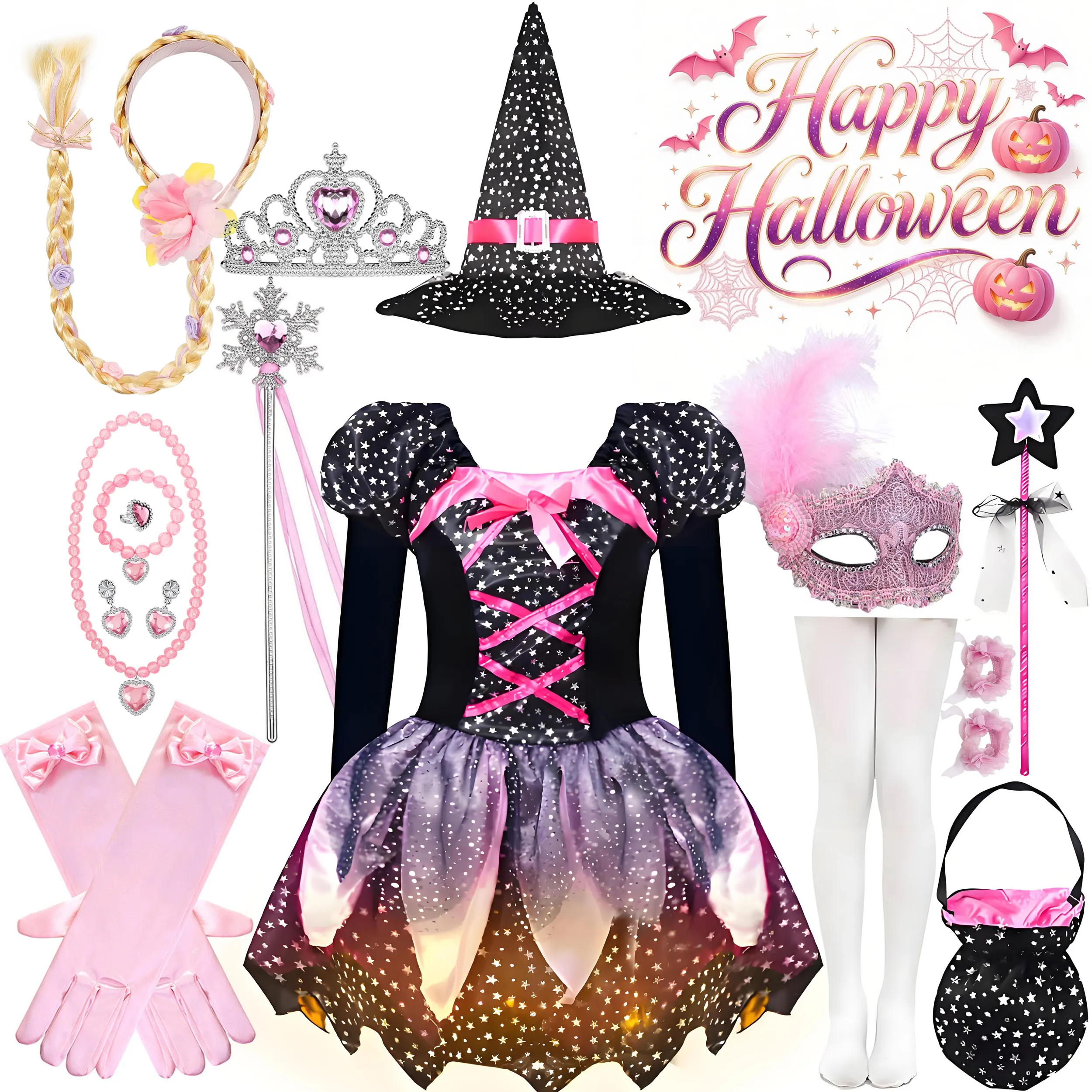 2026 Girl Witch Fairy Costume Halloween Cosplay Dress with Hat Wand Mask Set Kids Carnival Party Fancy Dress Up 4Pcs Outfit Suit