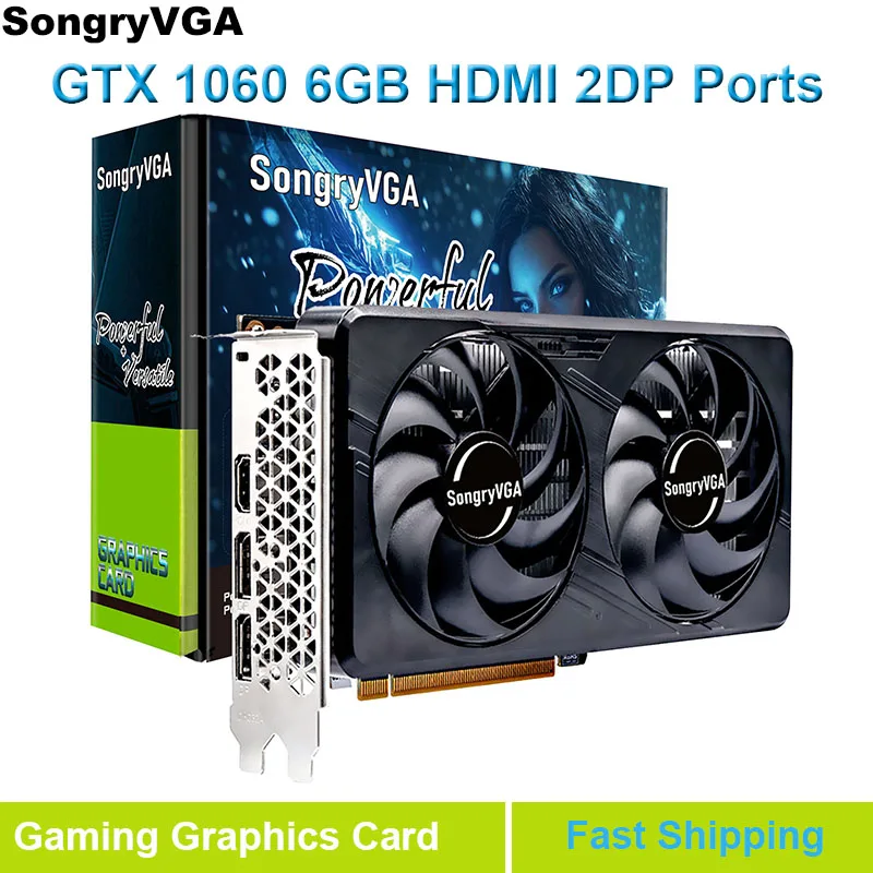 بطاقة رسومات SongryVGA GTX 1060 3/6GB GDDR5، 192 بت 6Pin PCI Express 3.0،4K/8K Ultra HD، تبريد مروحة مزدوجة، ألعاب HDMI 2.0+2x DP