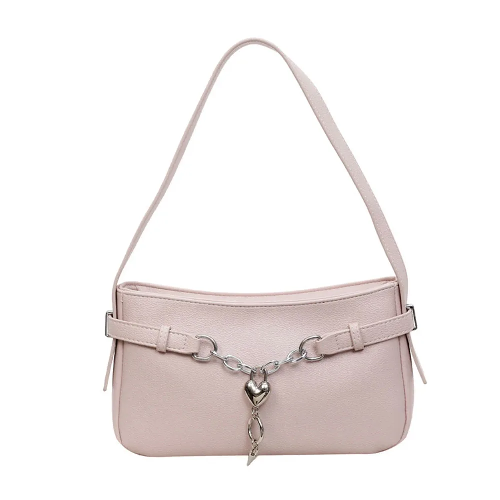 Heart Shape Chain Solid Color Glossy Crossbody Bag Faux Leather Large Capacity Womens Shoulder Bag Simple Style Underarm Bag