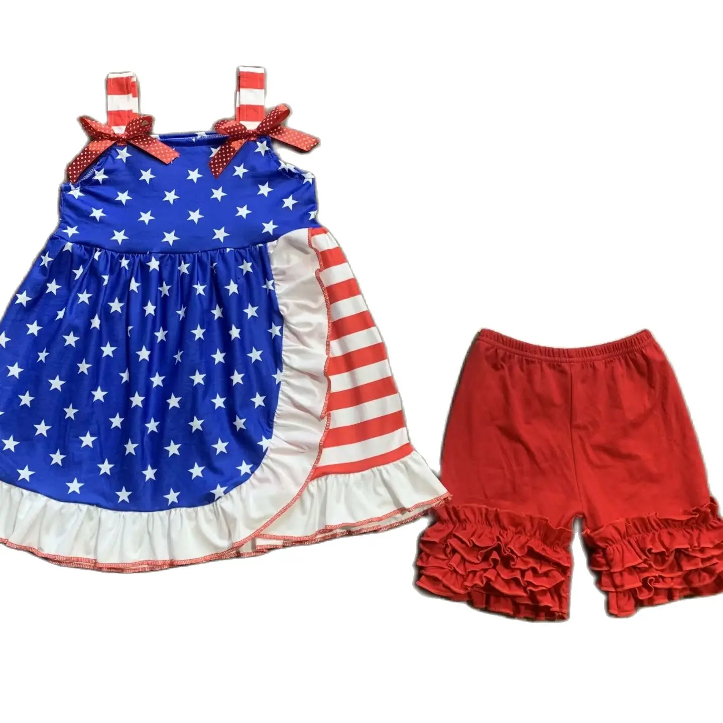 Wholesale Girls July 4th Outfits Summer Sleeveless Tunic Top Five-Pointed Star Shorts Set