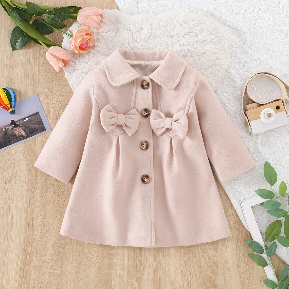 Winter New Girls\' Blouse Button Coat Coat Solid Color Simple Fashion Lapel Long Solid Color Bow (0-3 Years Old)