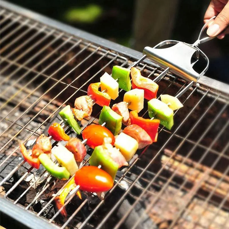 3 Way Grill Skewers Shrimp Skewers For Grilling Stainless Steel Grilling Sticks With Push Bar 3-Prong Skewer Bbq Stick Kebab