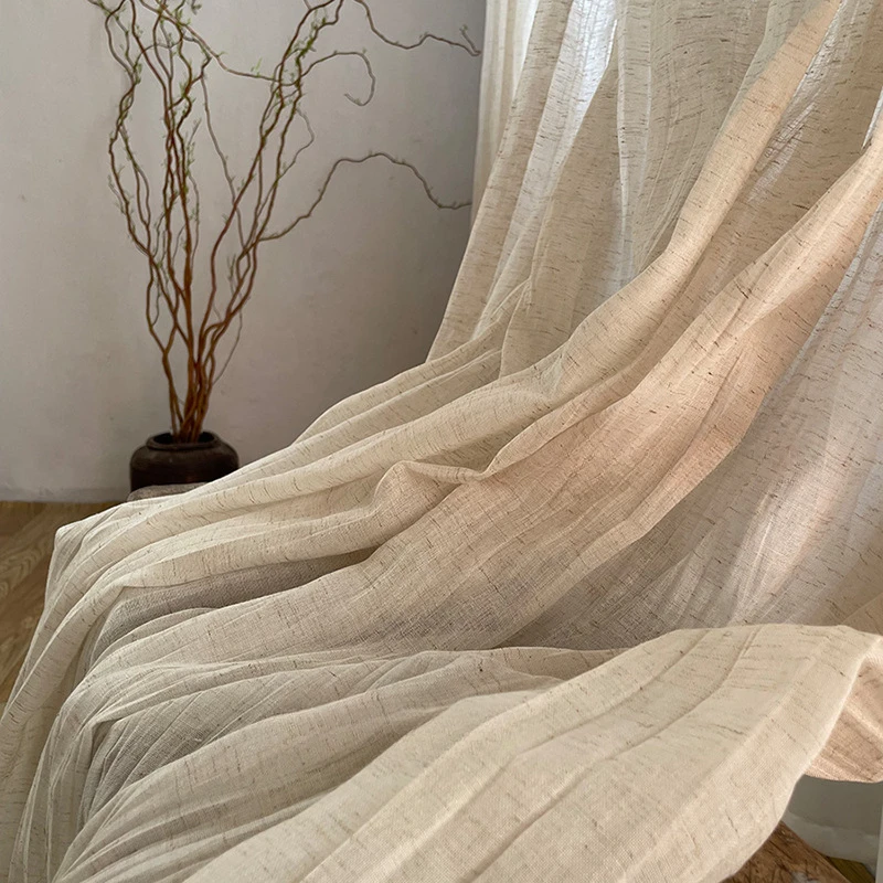 Japanese Wabi Sabi Style Wrinkled Cotton and Linen Curtain Natural Wood Color Translucent Living Room Bedroom Decoration Curtain