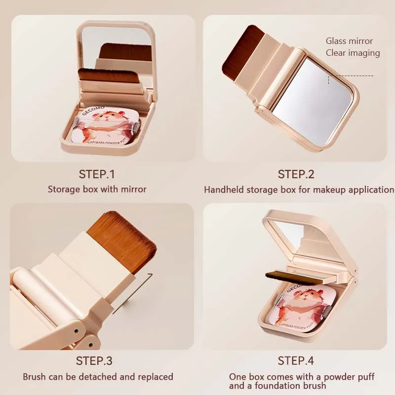 跡が残らないソフトブラシパフセット、超薄型ポータブル、パフミラー内蔵、完璧なベースメイクブラシ