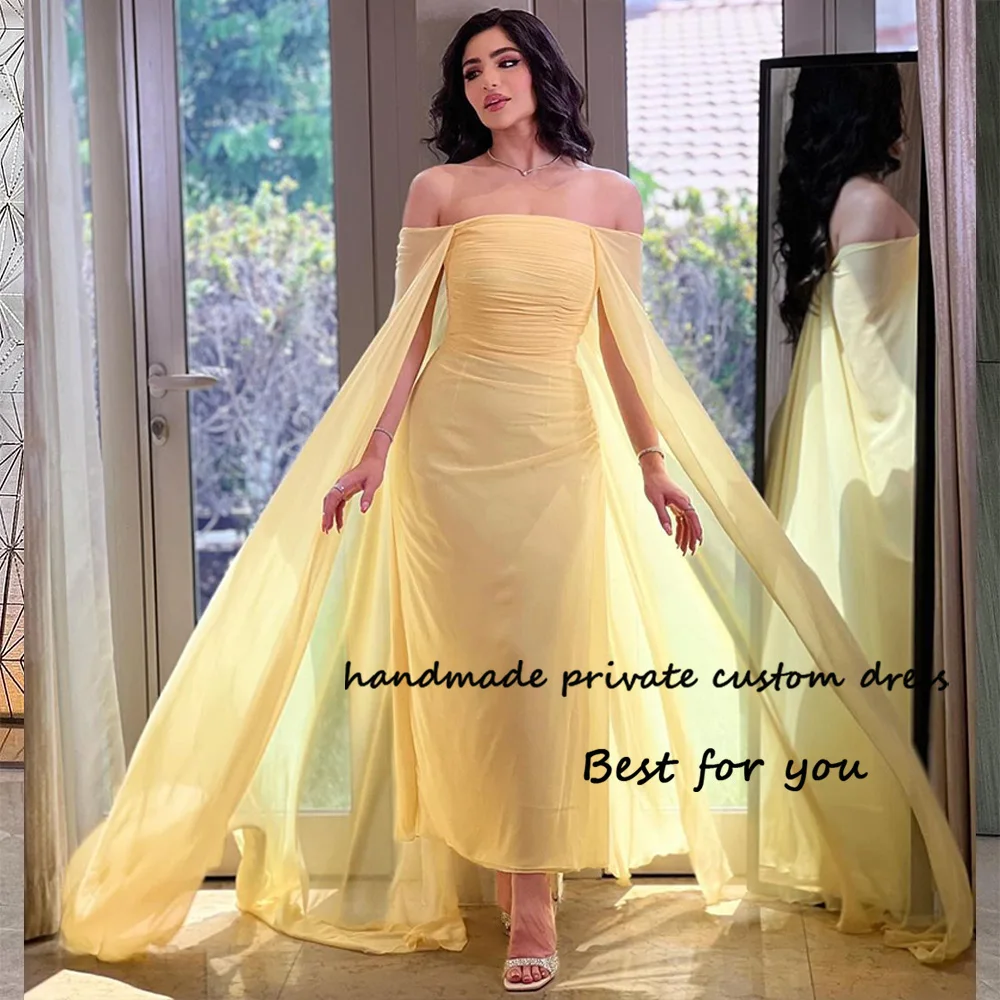 

Yellow Chiffon Mermaid Evening Dresses Off Shoulder Pleats Tight Long Formal Prom Dress Ankle Length Arabic Evening Gown