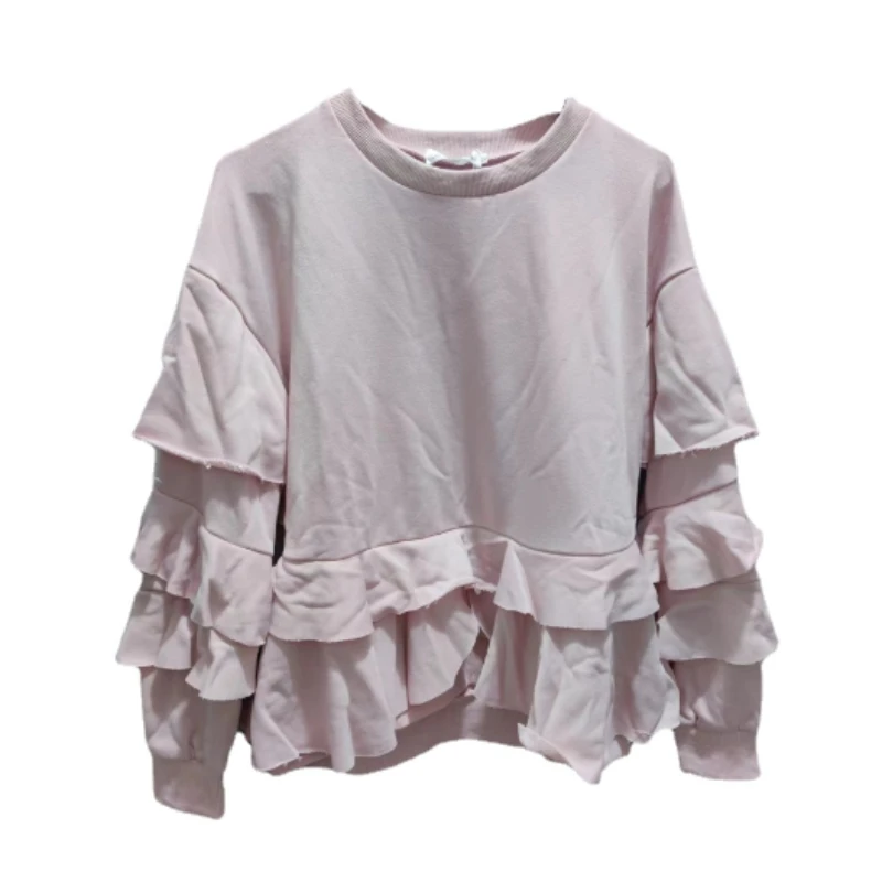 

2024 Spring Korean Style Pullover Hoodies Womens Long Sleve Loose Pink Sweatshirt Ruffles Hem Patchwork Top