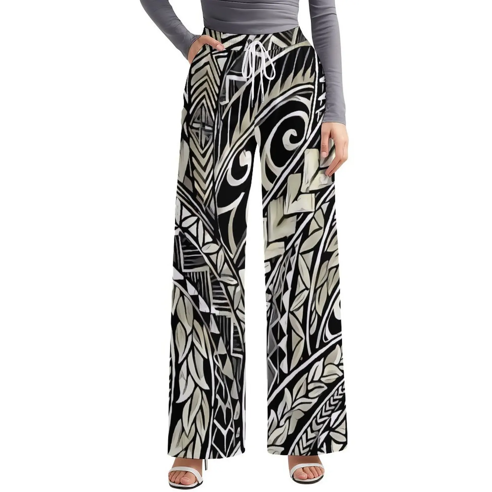 

Customized Polynesian Women'S Wide-Leg Pants Casual Loose Long Pants With Lace-Up Design Plus-Size Long Pants