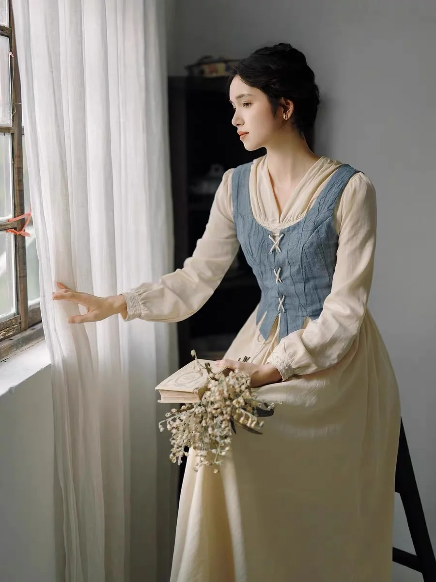 84-96cm Bust Spring Autumn Women Romantic Medieval Vintage Oil Painting Prairie Style Slim Twinset Cotton Linen Dresses