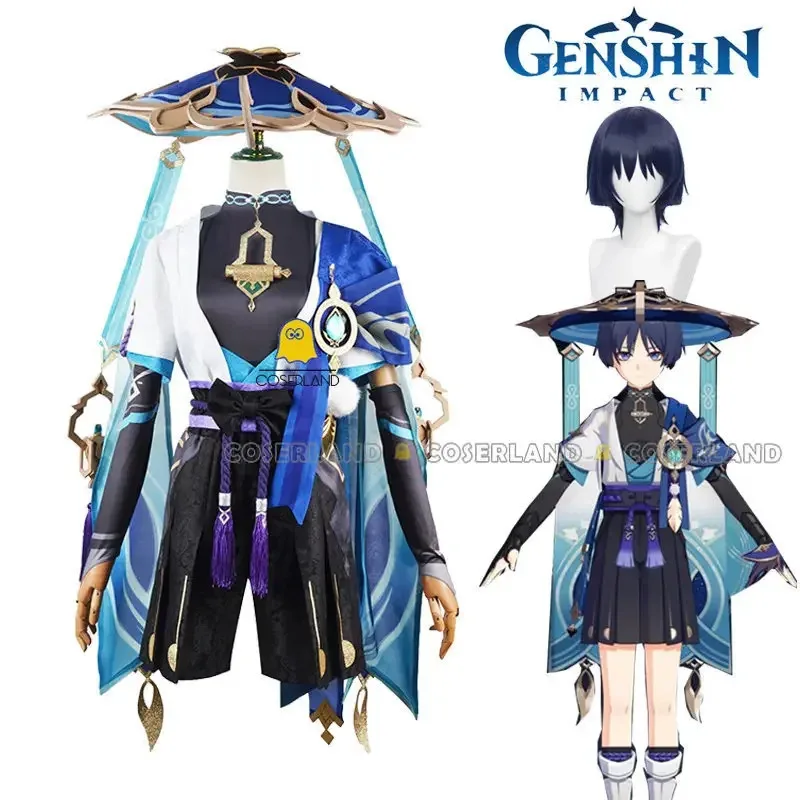 

Game Genshin impact cosplay costume Scaramouche Wanderer wig blue cloak uniform outfit kunkuzushi Sumeru men women accessory