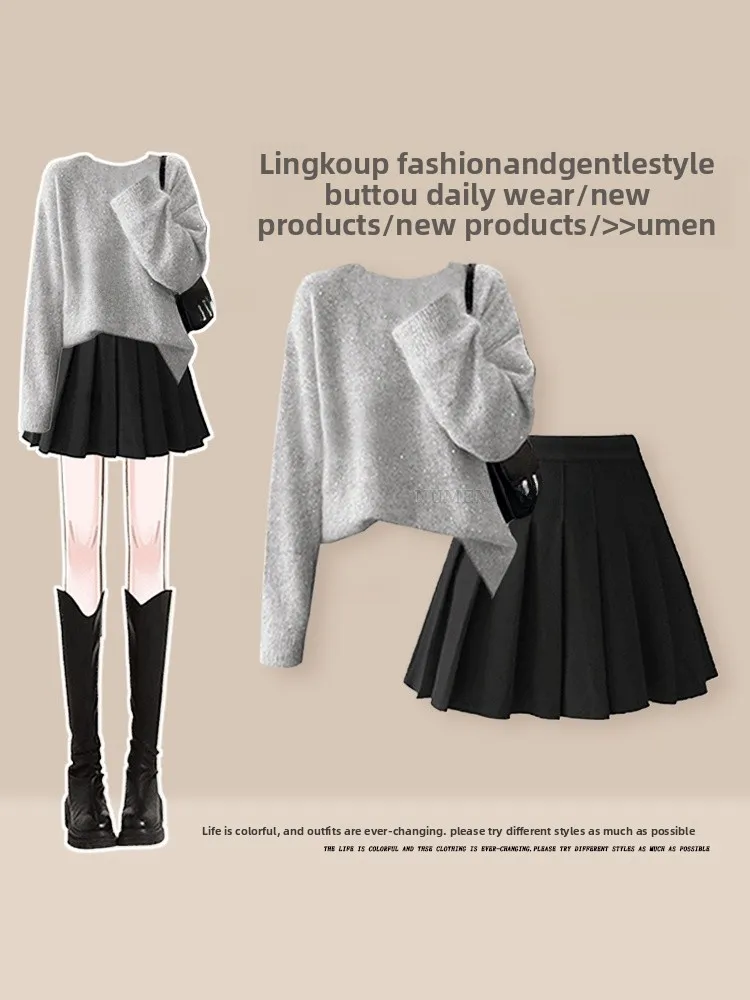 

Large Size Autumn Winter College Style Knitted Sweater And Casual Pleated Short Skirt Set for Women Luxury Leisure round Neck