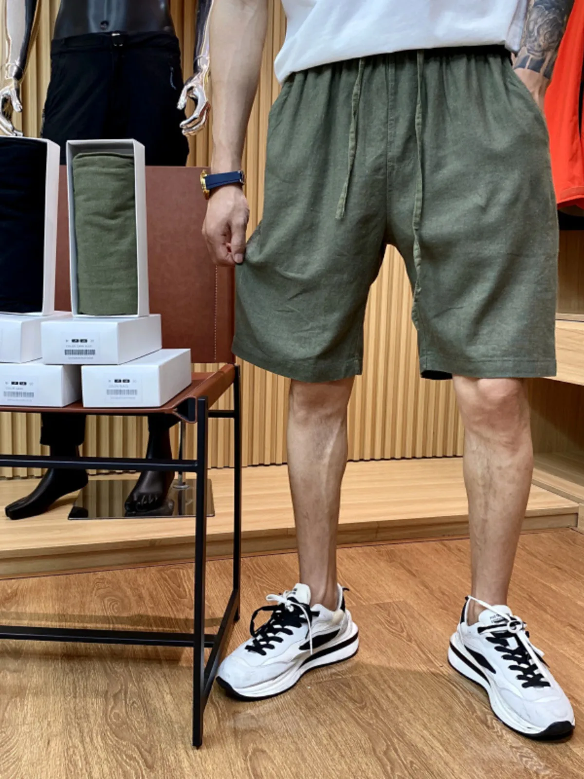 

Мужские повседневные брюки из смеси льна с эластичной резинкой на талии, прямые брюки длиной пять четвертей, дышащая удобная подарочная коробка, упаженная