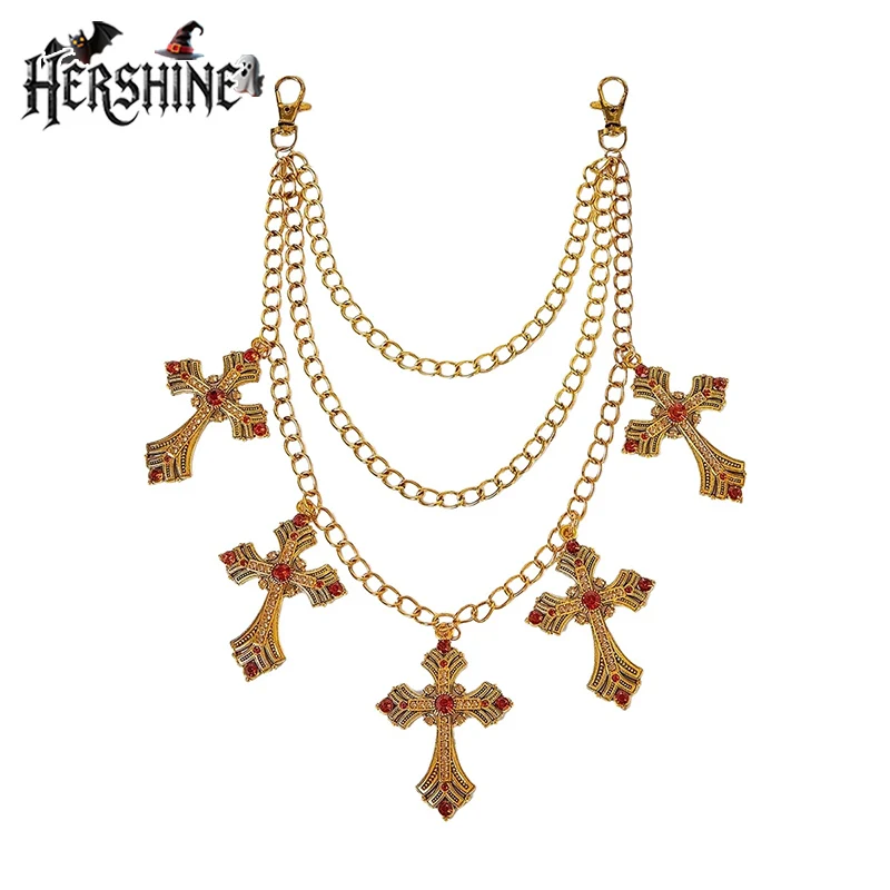 

HERSHINE цельная модная трехслойная цепочка для брюк с золотым крестом и инкрустацией стразами унисекс Y2K в готическом стиле в стиле панк на Хэллоуин cos