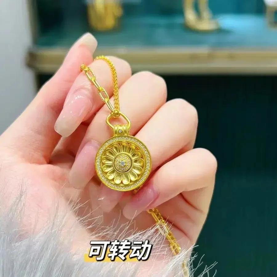 

High Quality 9999 24K Real Gold Sunflower Compass Rotating Pendant Court Wind Rotating Disc Necklace Moldavite Holiday Gift