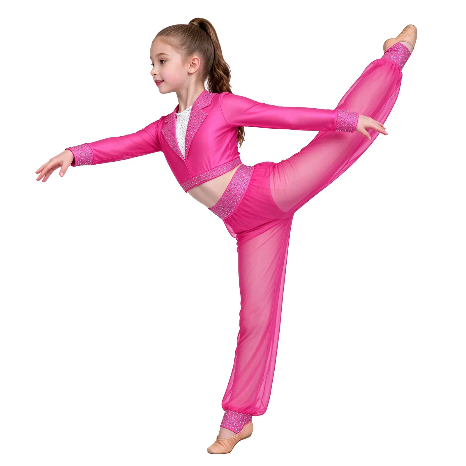 Belly Dancewear Girls Modern Lyrical Dance Outfit Crop Tops with Pants Built-in Briefs Gymnastics Ballet Acrobatics Clothes Suit