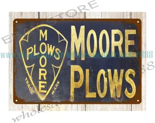 garage metal poster shelves Moore Plows metal tin sign