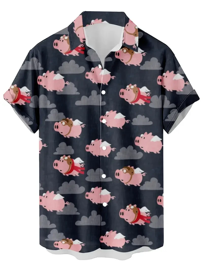 Kemeja Pria Musim Panas Baru 3D Dicetak Kartun Babi Pola Kemeja Hawaii Kasual Dicetak Bunga Lengan Pendek Hawaii Unisex Atasan