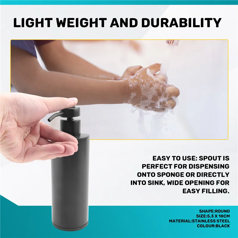 B92A Hand Soap Dispenser-Stainless Steel Dish Bath Countertop Lotion Dispensers,Black Liquid Wash Brushed Metal Soap Bottle