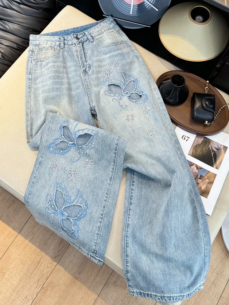 

American Style Heavyweight Embroidered Rhinestone Hole Sexy Girl Jeans Women Summer Slim Straight Wide Leg Long Pants