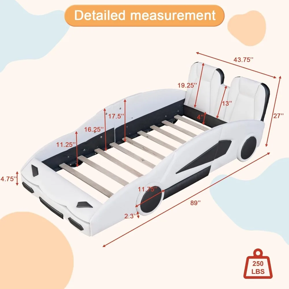 Children's double bed frame, racing shaped wooden, with guardrails and cushions, wheels and support plates, children's bed