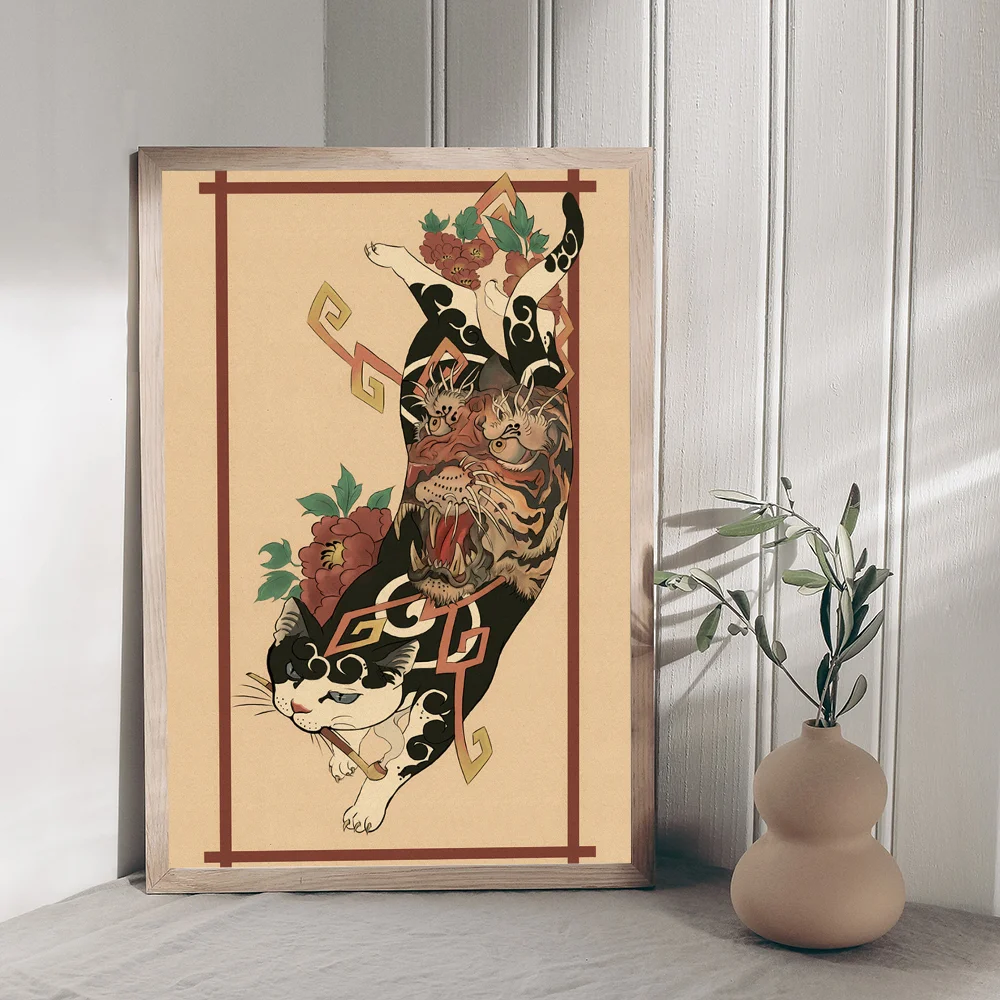 Japanese Samurai Cat Classic Vintage Posters Decoracion Painting Wall Art White Kraft Paper Kawaii Room Decor