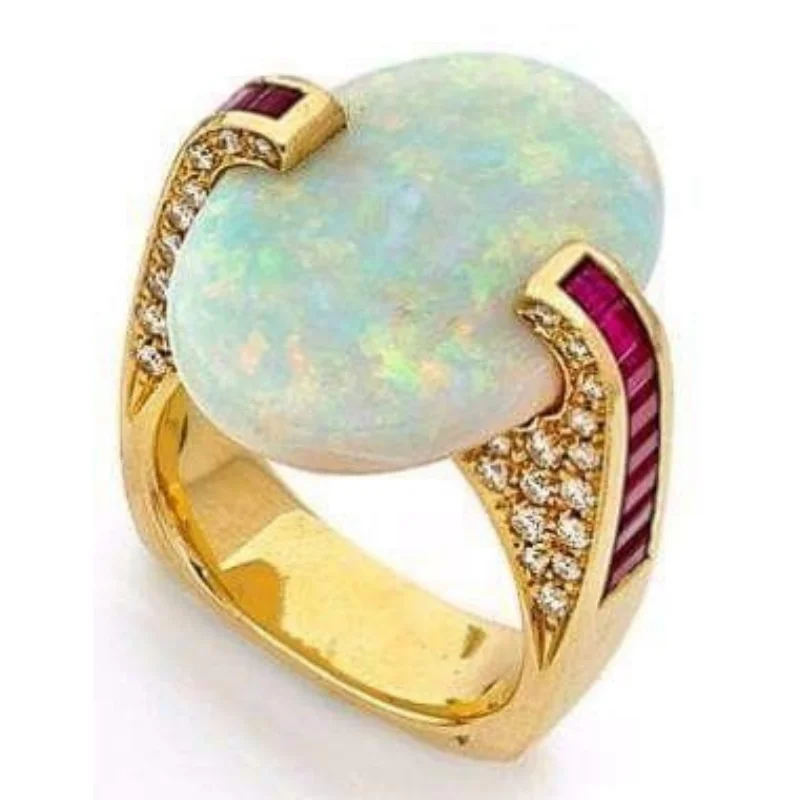 Vintage-Ring für Damen mit eingelegtem Imitationsopal und Zirkonia, einzigartige goldfarbene Geometrie, für den täglichen Gebrauch, Partyschmuck, Jubiläumsgeschenk