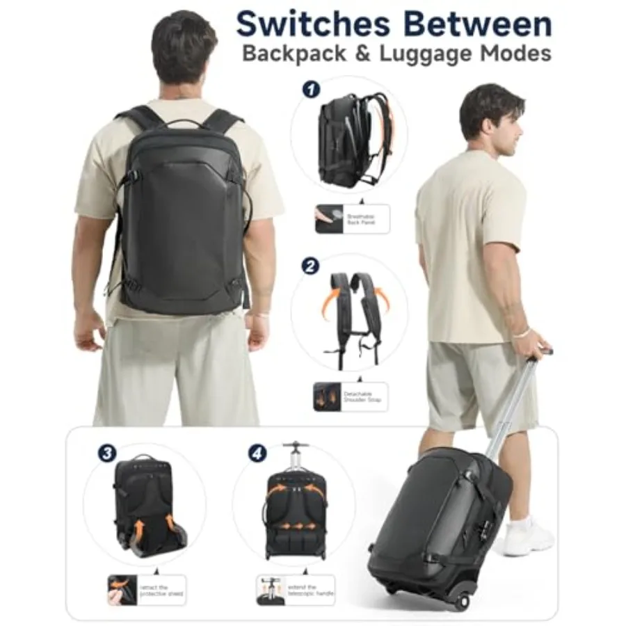 Mochila para laptop rolante 2 em 1, mochila de mão com rodas, resistente à água, mala de mão com 2 cubos de embalagem TSA grande T