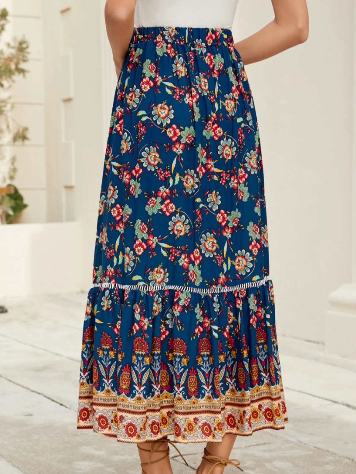 

n Cotton Hollow out Splicing Bell Sve Midi Skirt Beach Coast Printed Hollow out Design f Body Skirt A-Line Silho...