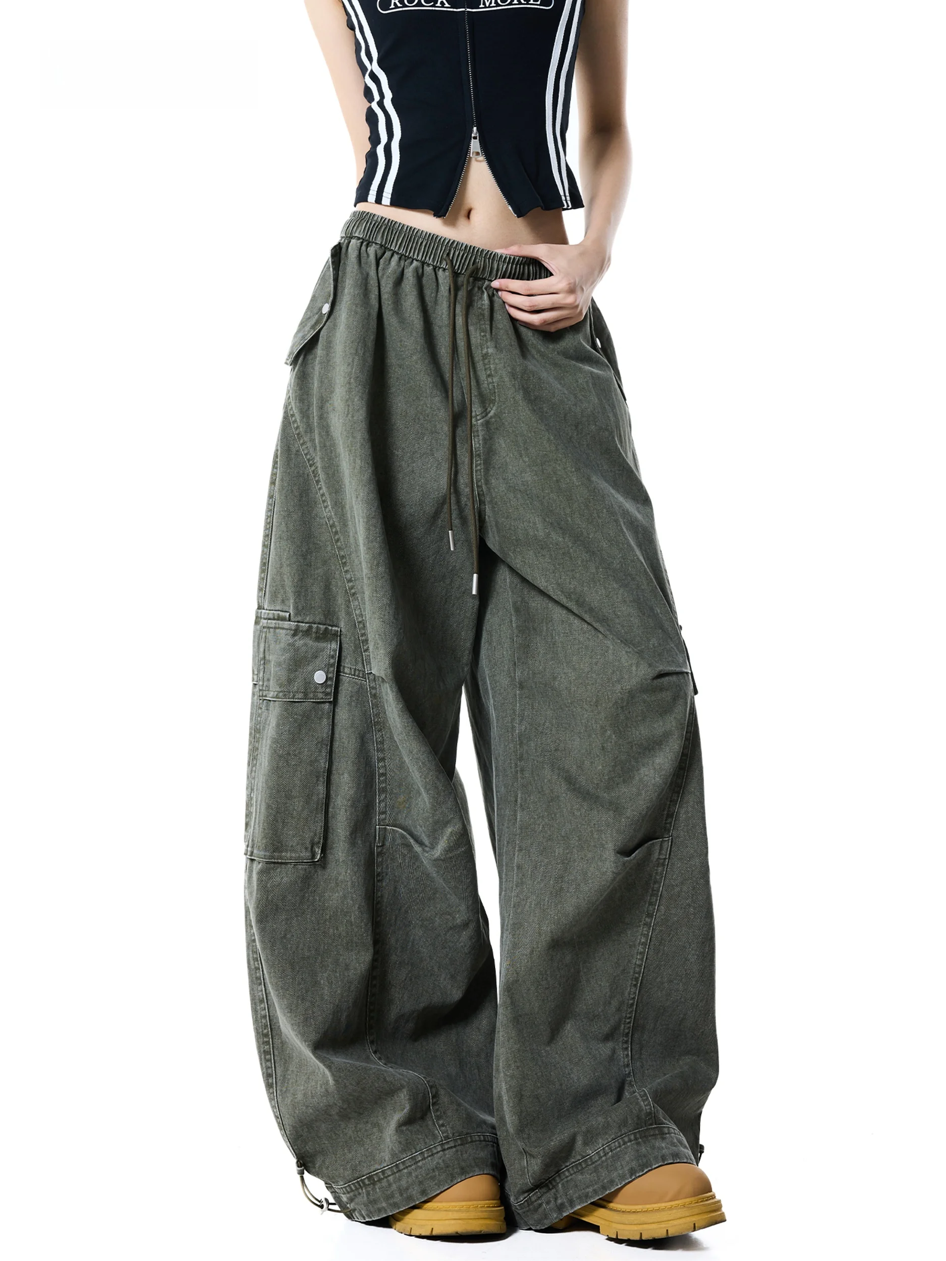 American Style Military Green Wide Leg Pants Women's Loose Elastic Waist Multi Pocket Casual Long Trousers Trendy Workwear