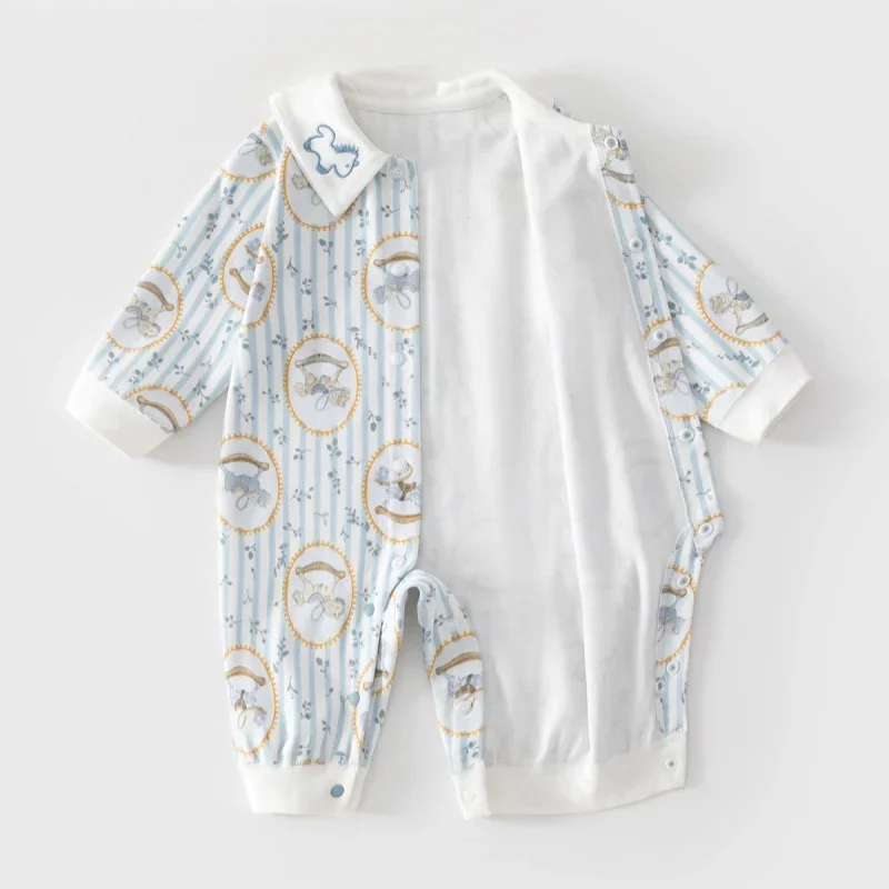 2026 Spring Newborn Baby Jumpsuit Cotton Full Print Romper 0-24M Toddler Girls Boys Collar Detail Soft Sleepwear Onesie