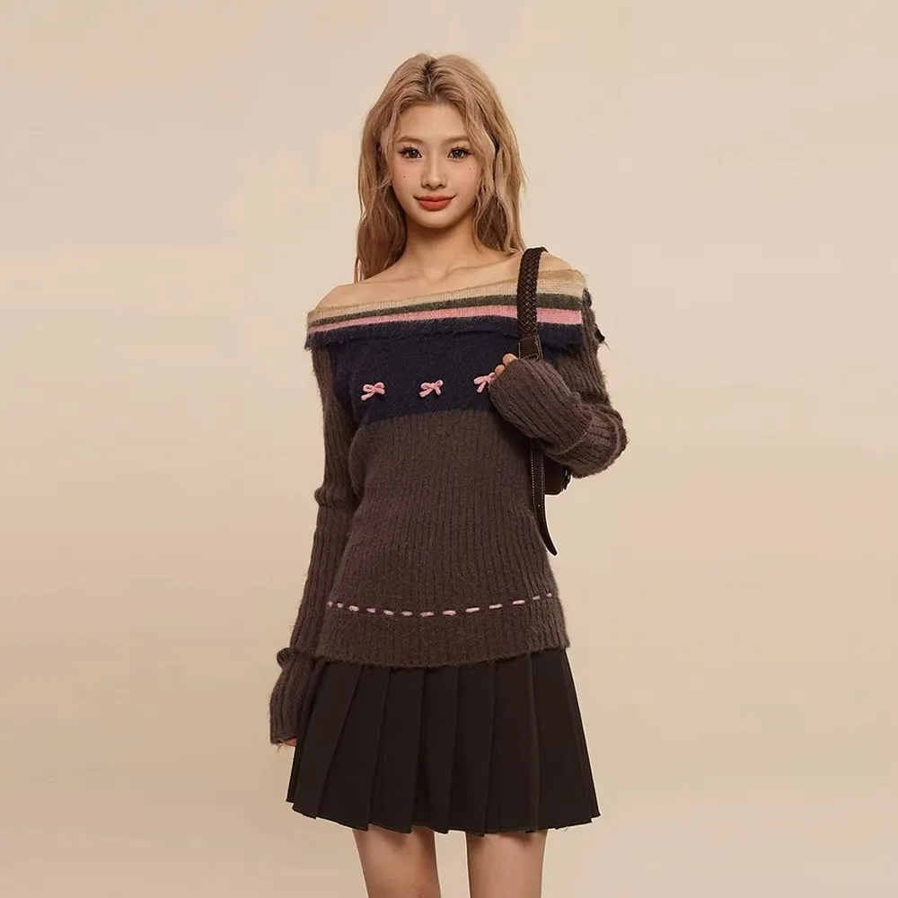 Autumn Winter Preppy Style Sweet Bow Sweater Women Slim Striped Knitted Pullover Loose Korean Fashion Brown High Street Jumper