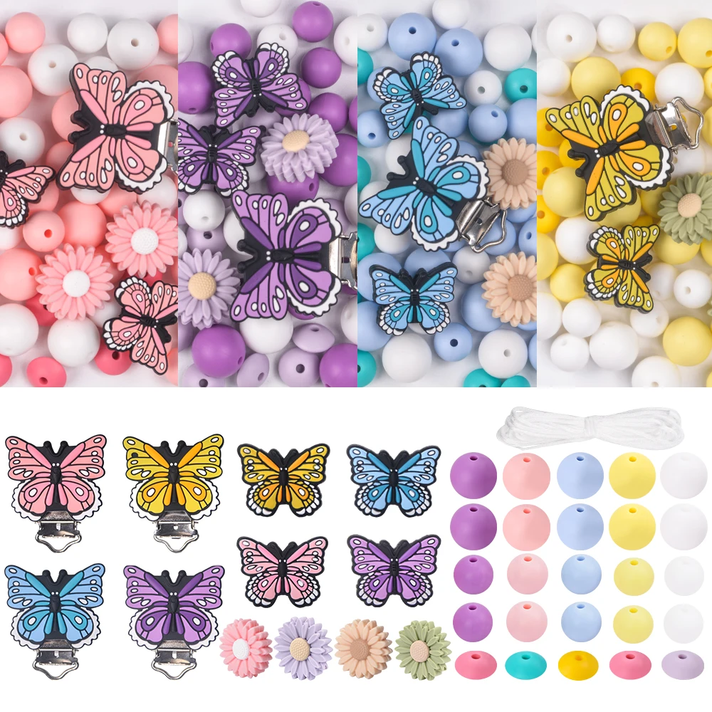 

LOFCA 29 шт. силиконовые бусины-бабочки и цветка, набор зажимов для браслета «сделай сам», ожерелье для ребенка, подвески для прорезывания зубов, ювелирные аксессуары