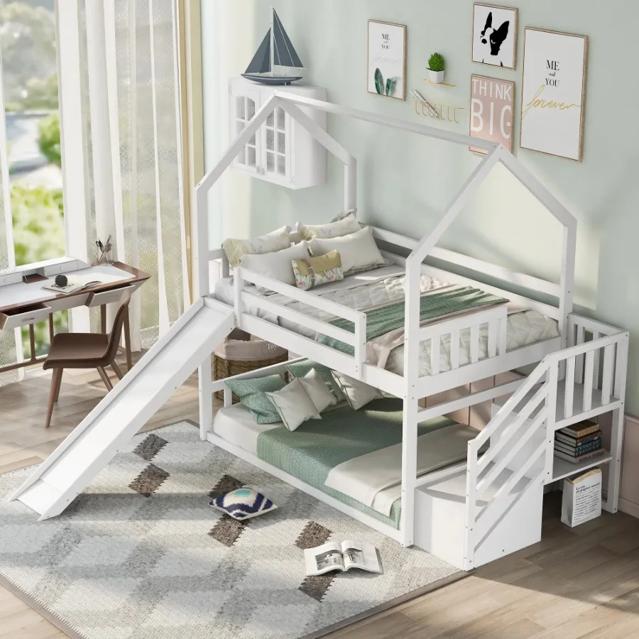 

Twin over Twin Bunk Bed Convertible Slide Storage Staircase