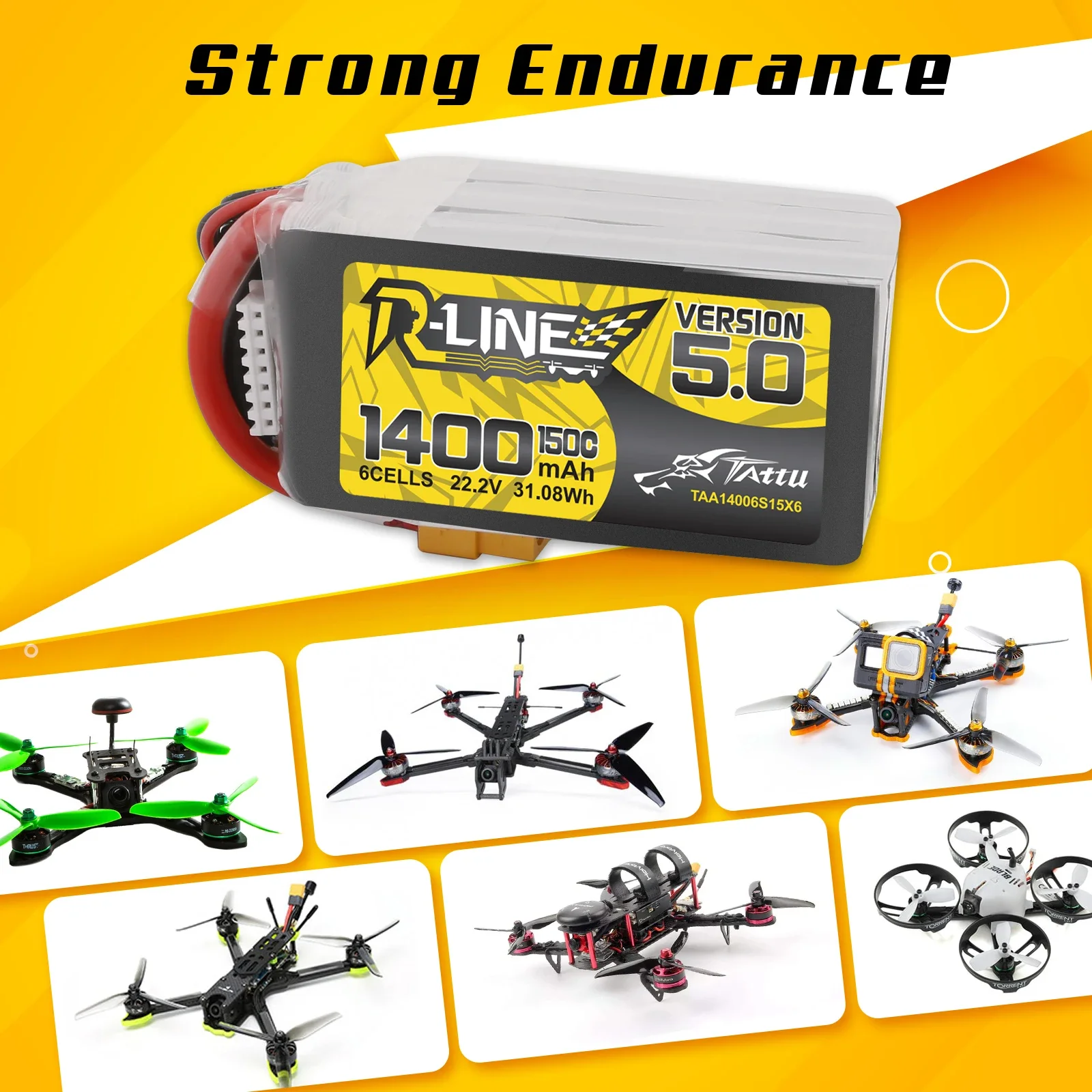 Tattu R-Line 1200mAh 1400mAh 6S Lipo Battery  150C XT60 Plug RC Power for 5-inch Aircraft FPV Racing Multirotor Quadcopter Frame