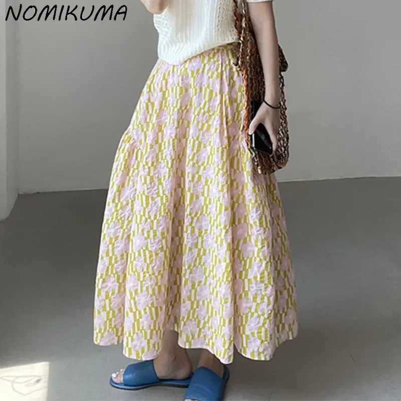 

Nomikuma Korean Floral Spring Summer New Skirts 2023 Fashion Elastic High Waist Causal A-line Skirt Faldas Mujer Moda