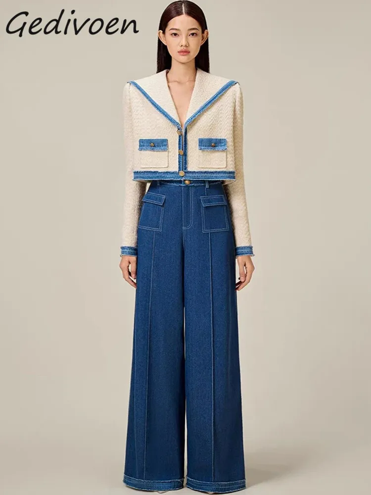 Gedivoen Winter Fashion Runway Vintage Pantaloni impiombati Set Donna Bottone con risvolto Cappotto corto sottile + Pantaloni in denim a gamba larga