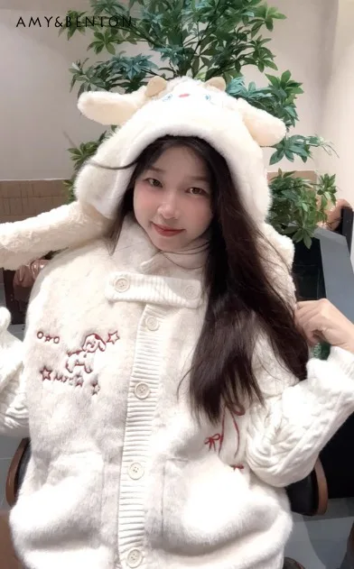 

Autumn Winter Korean Style Women's Sweet Cartoon Embroidery Knitted Patchwork Short Coat Fleece Lined Thickened Casual Cardigan