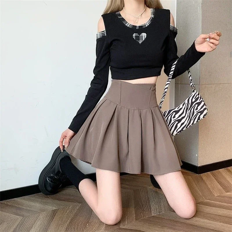 Korean Pleated Mini Skirts Women Preppy High Waist Solid A Line Skirt Student Streetwear Fashion Casual Basic Slim Skirts L619