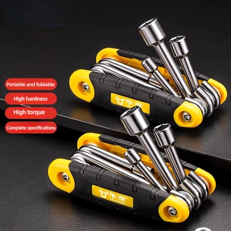 6 in 1 Folding Hex Socket Wrench Set Portable High Hardness Large Torque Multiple Sizes for Repair Maintenance