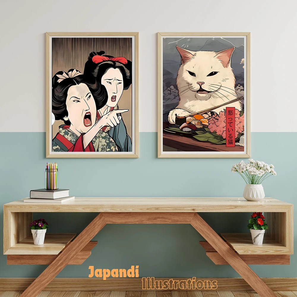 

Vintage Japanese Wall Art Print Of Funny Cat Meme Poster Unique Home Decor Gift Bathroom Modern Trendy Cuadros Decorativos