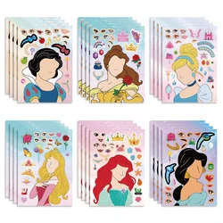 6/12 arkuszy Disney Princess Puzzle dla dzieci naklejki Make-a-face śmieszne montaż układanki DIY kreskówka naklejki zabawki edukacyjne dla dzieci