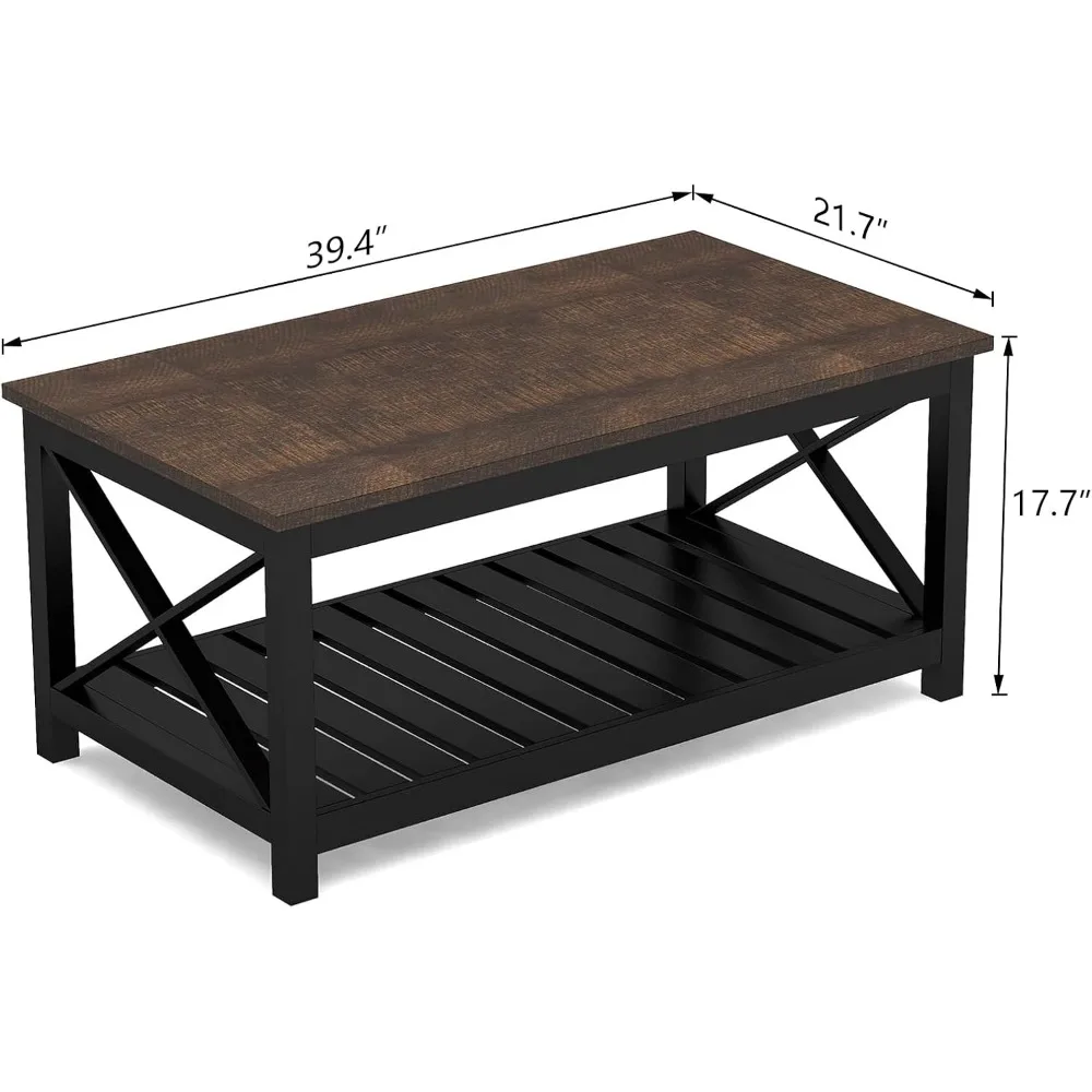 Coffee Table, Rustic Vintage Farmhouse Living Room Table with Shelf,