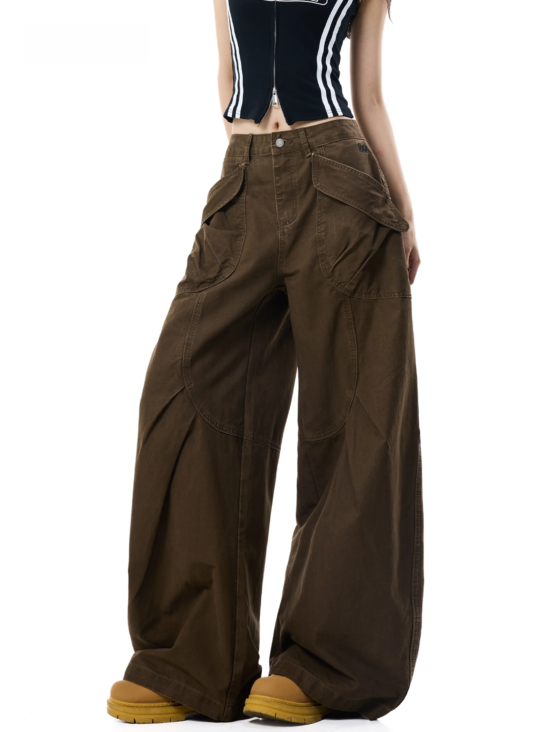 American Retro Coffee Color Casual Work Pants Women High Waist Wide Leg Knife Pants Slimming Long Pants Cotton Straight Leg