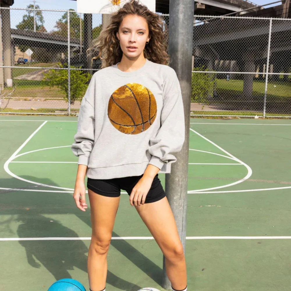 2024 Spring Autumn Women Sequin Sweatshirts Fashion Long Sleeve Tops Casual Loose Pullovers  O-neck Ladies Basketball Hoodies