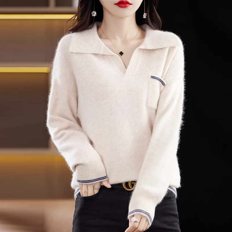 

100% Pure Mink Cashmere Knitted V-neck Women's Pullover Sweater Fashion Loose New FRSEUCAG Autumn and Winter Long Sleeve Sweater