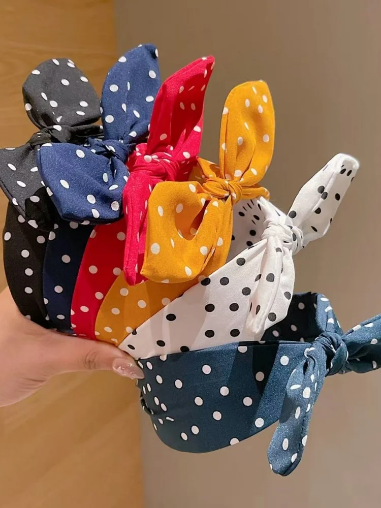 Effen kleur stof Polka Dot Bow hoofdband voor kinderen Elegant temperament Brede hoofdband Mode meisje make-up haarband - afbeelding 2