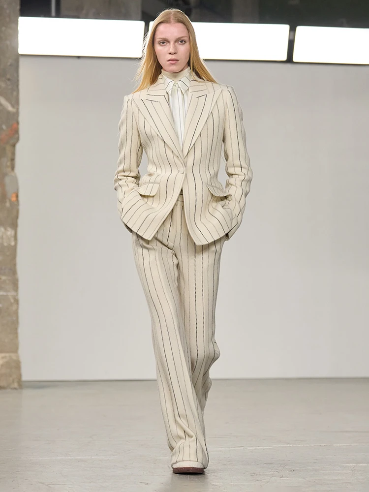 VC Women Pinstripe Blazer Suit Set – Elegant Tailored Jacket & Wide Leg Pants Two Piece Outfit Office & Business Wear